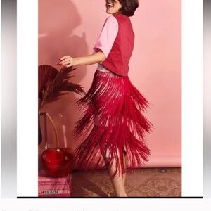 NWT Buru Color Block Elastic-Back Waist Fringe Midi A-Line Skirt Small S